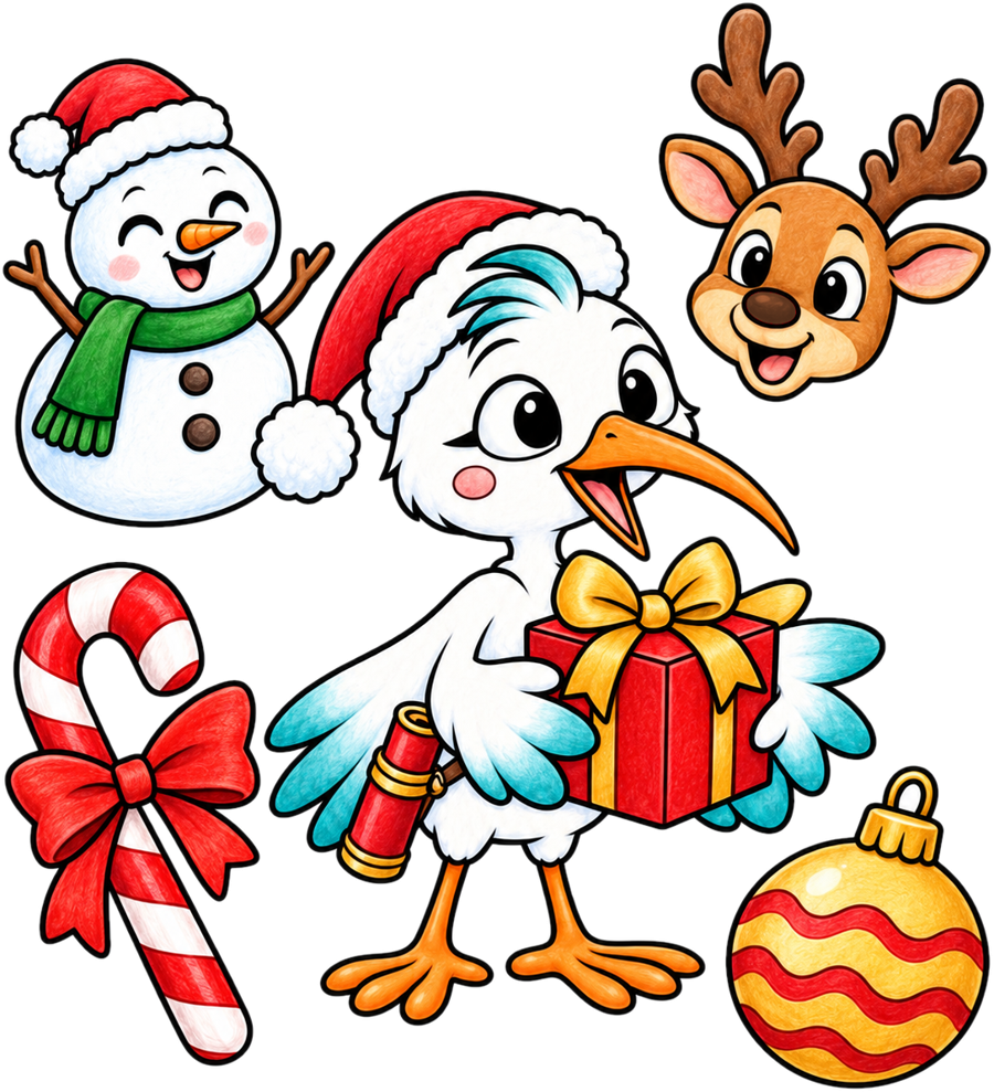 Nilobi in a Santa hat holding a present, with a snowman, a reindeer, a candy cane and an ornament