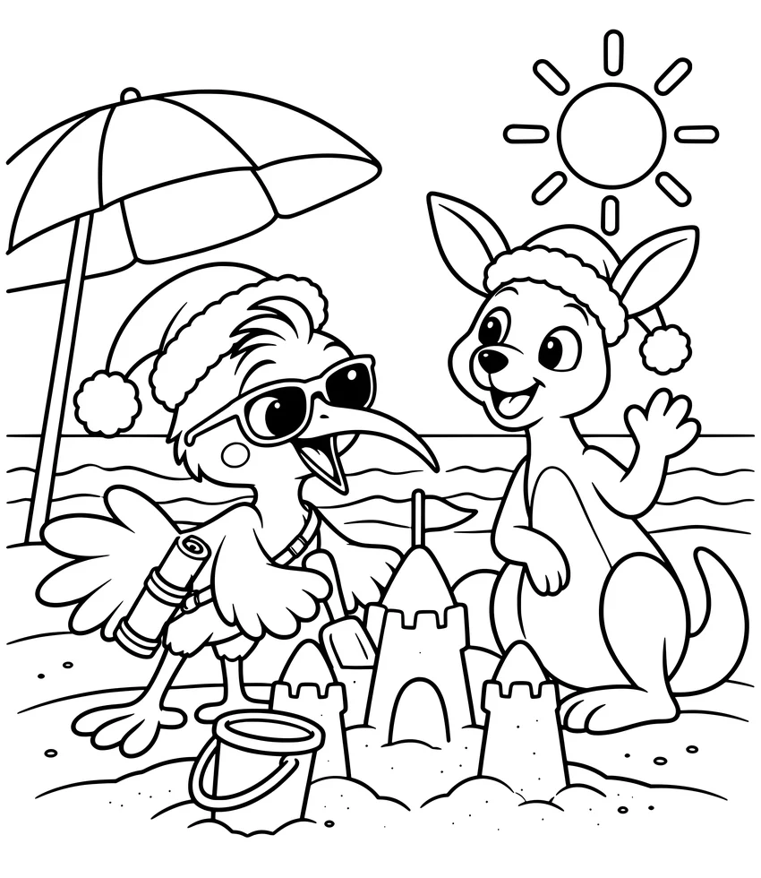 Australia: Christmas at the Beach: Nilobi builds a sandcastle with a kangaroo.