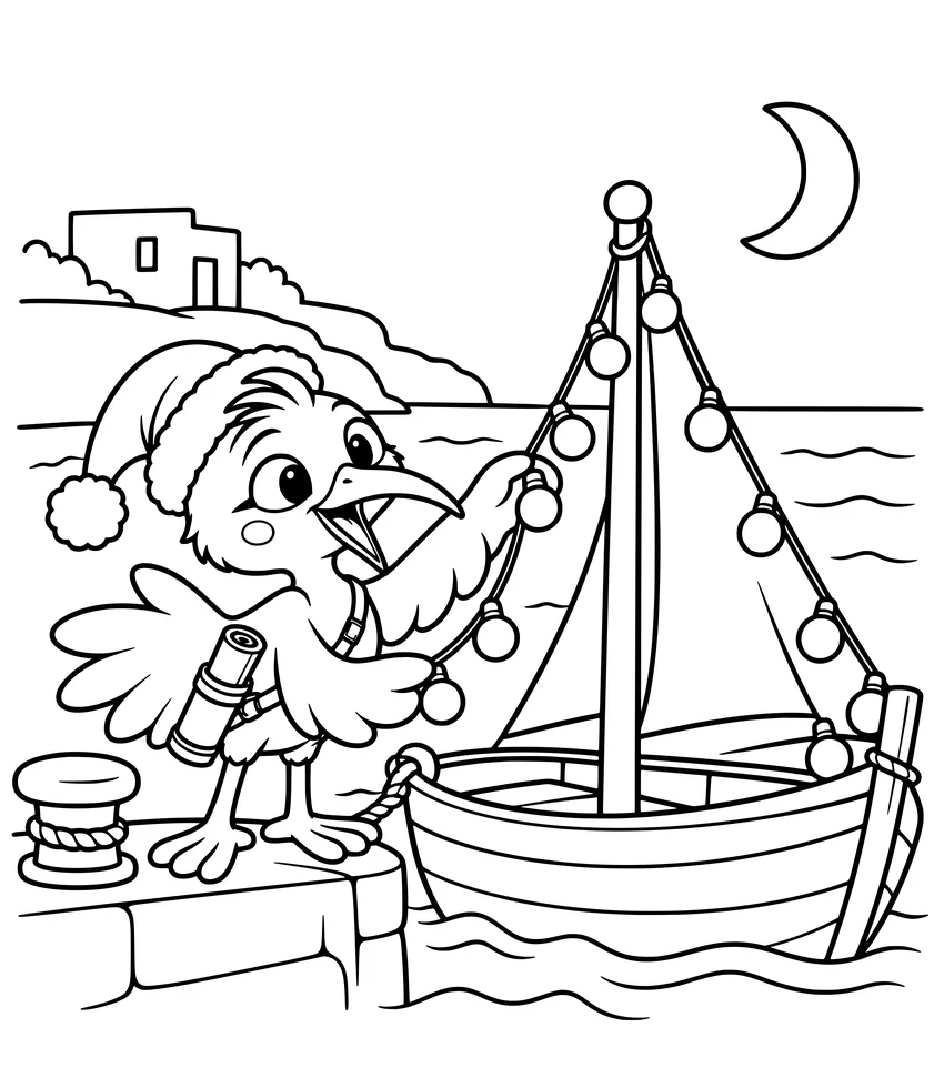 Greece: Christmas Boats: Nilobi hangs lights on a little boat in the harbor.