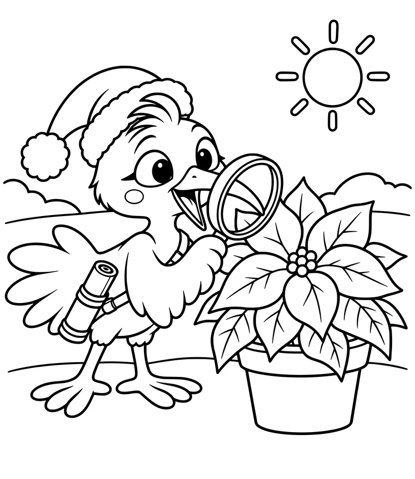 Mexico: Poinsettia: Nilobi looks closely at a poinsettia plant.