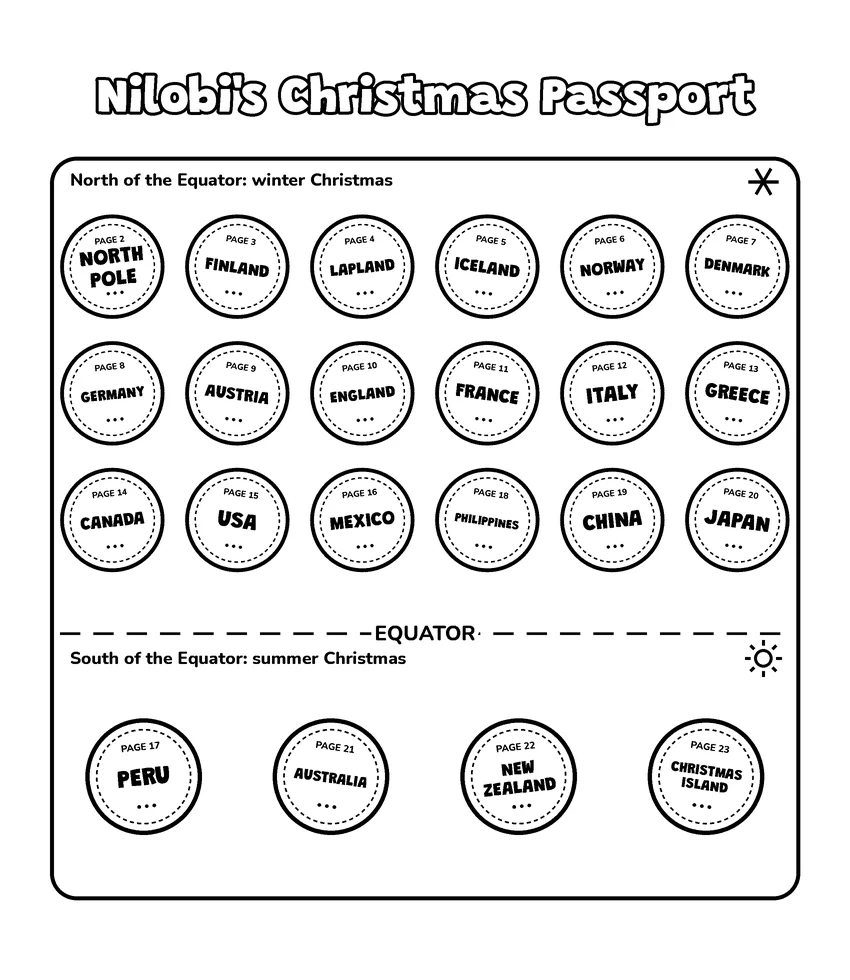 Nilobi's Christmas Passport: Nilobi's Christmas trip around the world, from snowy winter places in the north to sunny summer places in the south.