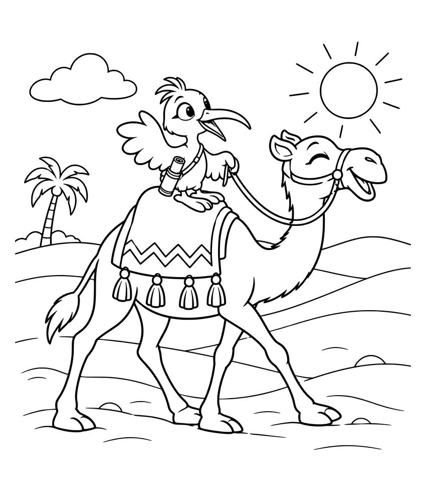 Camel Ride: Nilobi rides a camel across the sand.