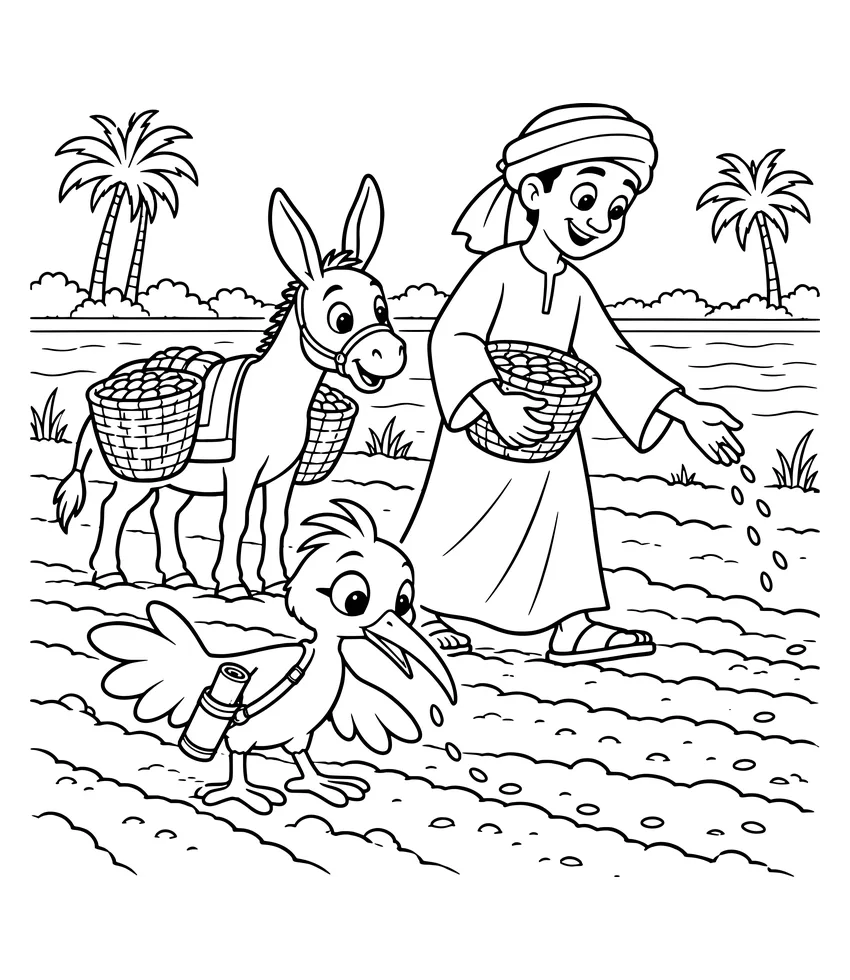 Down on the Farm: Nilobi helps a farmer and his donkey in the green fields.