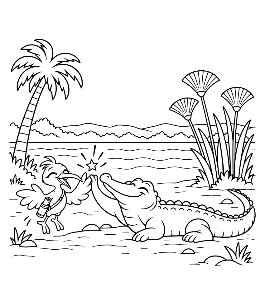 Hello, Crocodile!: Nilobi and a giggling crocodile share a high-five by the river. (Only in a coloring book! Real crocodiles are wild animals.)