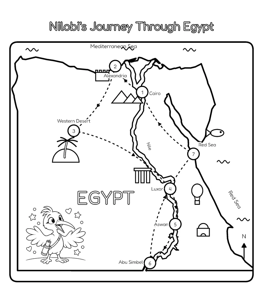 Nilobi's Journey Map: Nilobi's trip around Egypt starts and ends in Cairo, following the Nile.