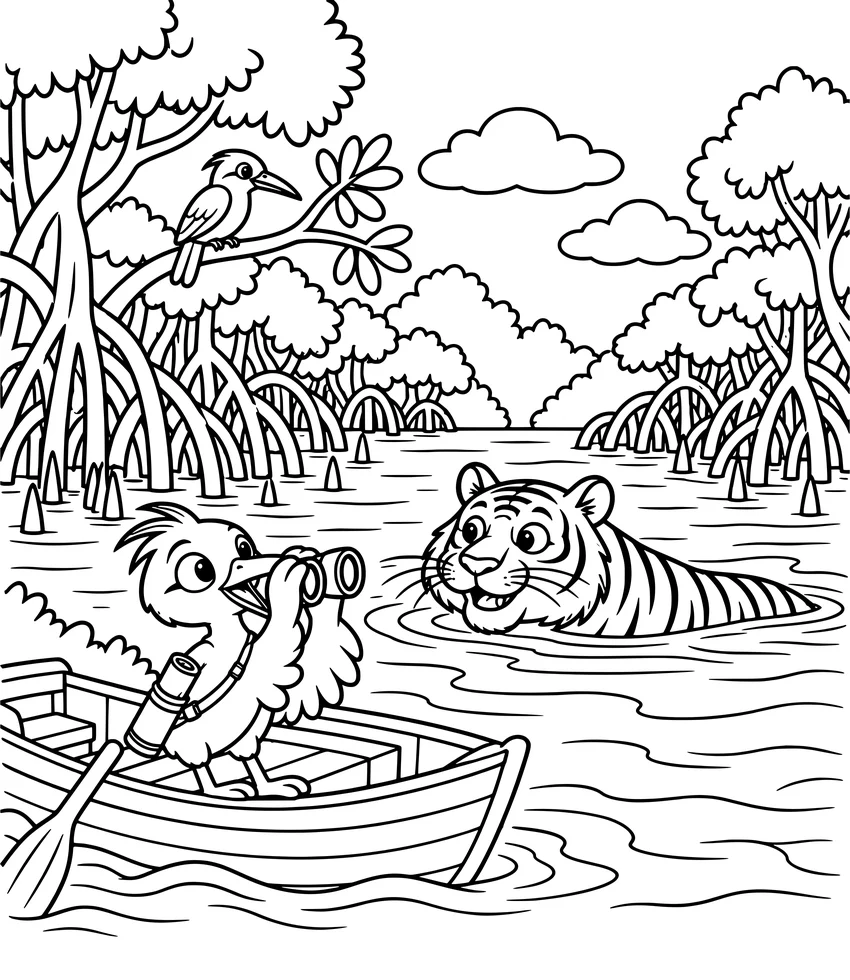 Bengal Tiger, Sundarbans: Nilobi watches a tiger swim across the river, from a safe distance in his boat.