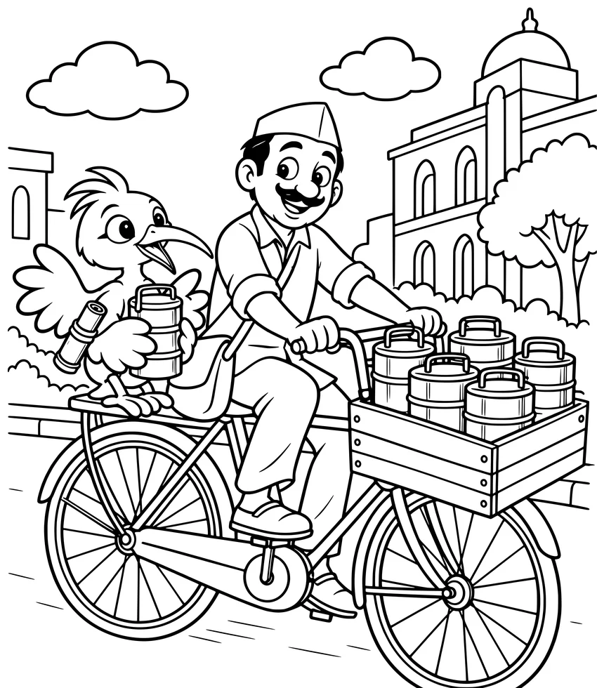 Mumbai's Dabbawalas: Nilobi helps a dabbawala deliver lunchboxes by bicycle.