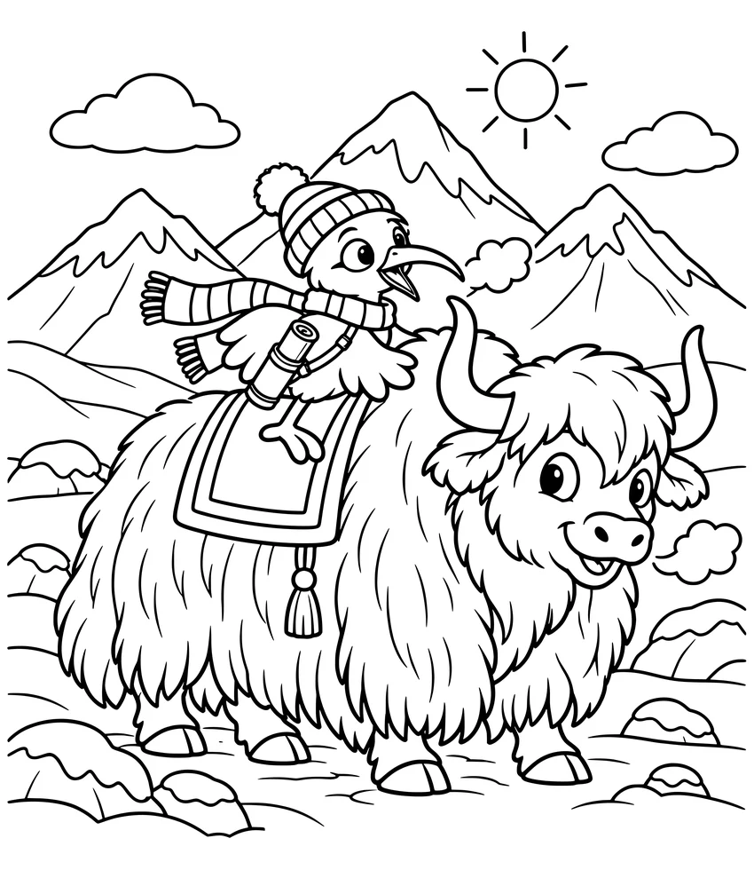 A Yak in Ladakh: Nilobi, wrapped in a warm hat and scarf, rides a shaggy yak in the snowy mountains.