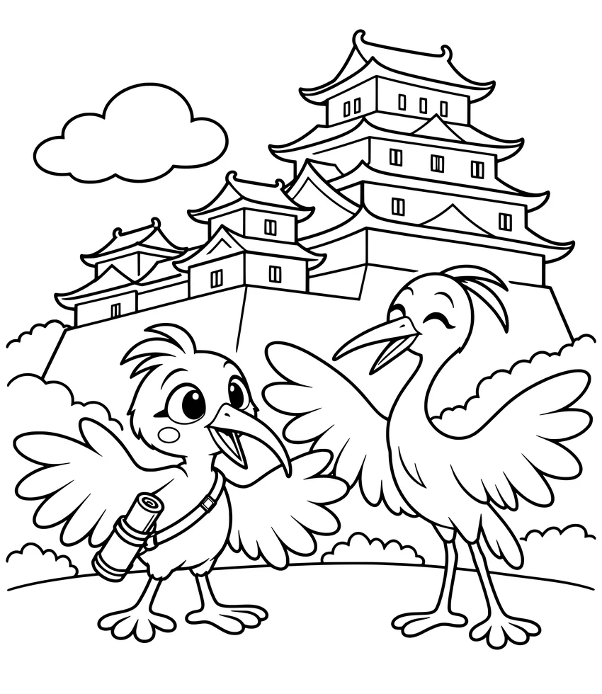 Himeji Castle: Nilobi and a white egret spread their wings in front of Himeji Castle.