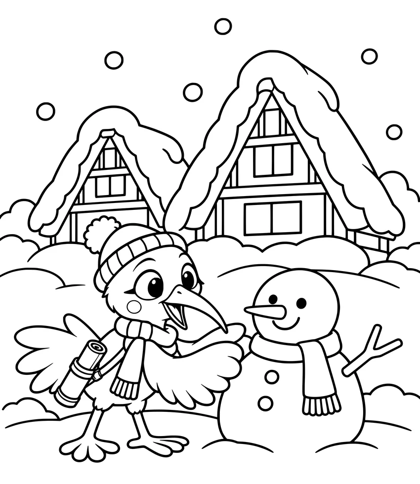 Shirakawa-go: Nilobi builds a snowman by houses with tall, steep roofs.