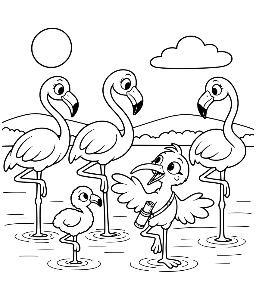 Flamingos: Nilobi stands on one leg, copying a group of flamingos.