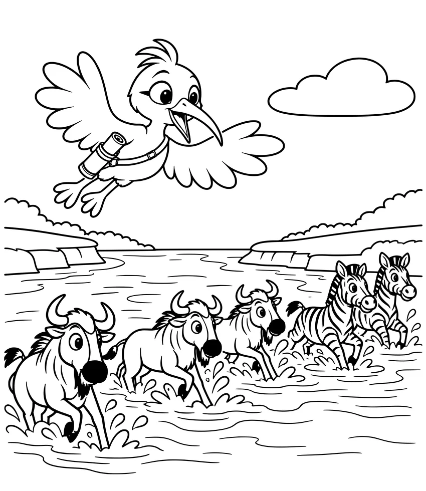 The Great Migration: Nilobi flies above wildebeest and zebras crossing a river.