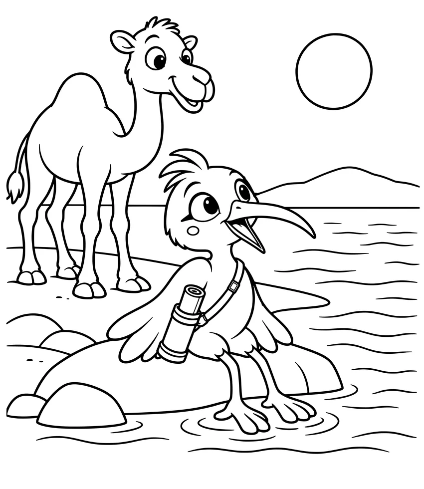 Lake Turkana: Nilobi dips his toes into a big green lake in the desert, with a camel nearby.
